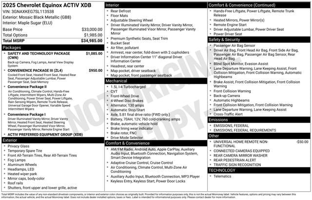 Used 2025 Chevrolet Equinox ACTIV with VIN 3GNAXKEG7SL113538 for sale in Freeland, MI