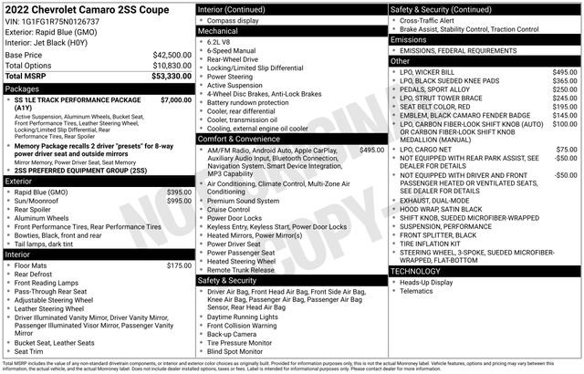 Certified 2022 Chevrolet Camaro 2SS with VIN 1G1FG1R75N0126737 for sale in Freeland, MI