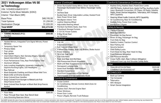 Used 2021 Volkswagen Atlas SE w/Tech with VIN 1V2HR2CA5MC515717 for sale in Freeland, MI