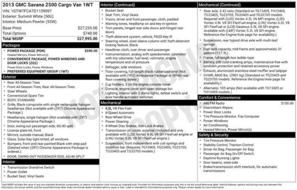 Used 2013 GMC Savana Cargo 2500 RWD 2500 135 Van