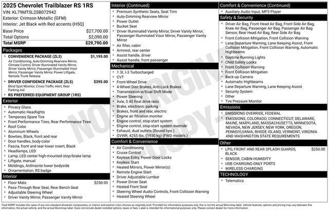 Used 2025 Chevrolet Trailblazer RS with VIN KL79MTSL2SB072942 for sale in Freeland, MI