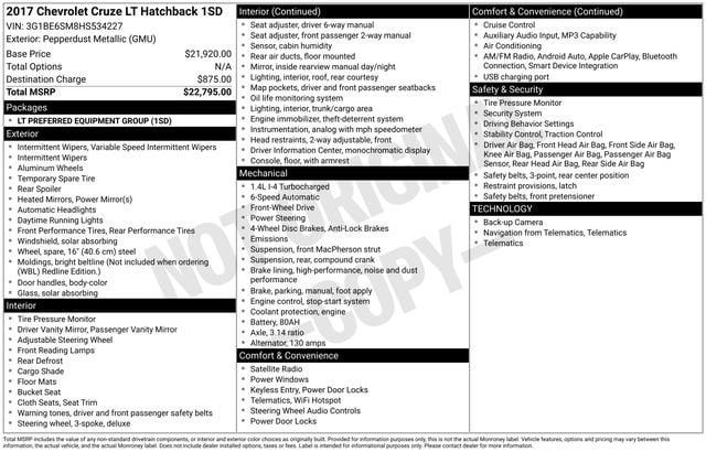 Used 2017 Chevrolet Cruze LT with VIN 3G1BE6SM8HS534227 for sale in Freeland, MI