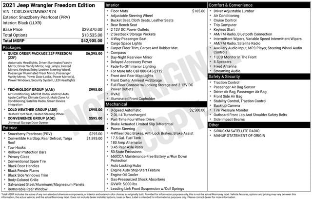 Used 2021 Jeep Wrangler Freedom with VIN 1C4GJXAN2MW681974 for sale in Freeland, MI