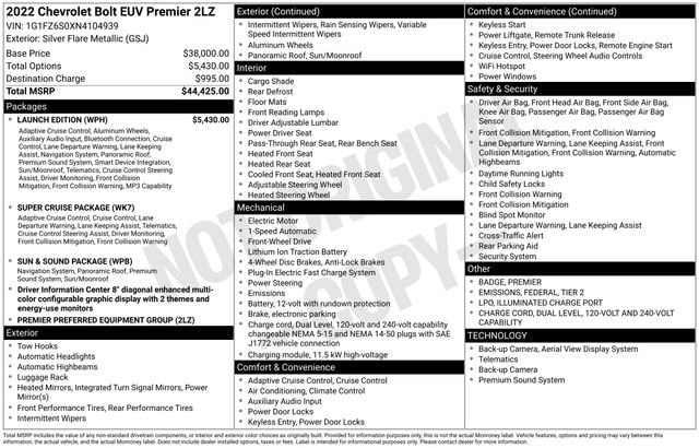 Used 2022 Chevrolet Bolt EUV Premier with VIN 1G1FZ6S0XN4104939 for sale in Freeland, MI