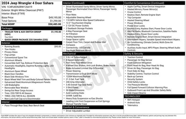 Used 2024 Jeep Wrangler 4-Door Sahara with VIN 1C4PJXEN3RW126419 for sale in Freeland, MI