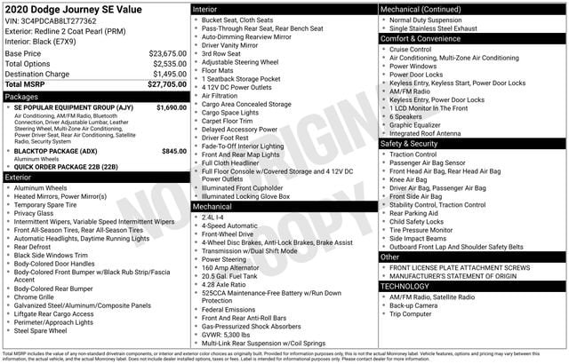 Used 2020 Dodge Journey SE with VIN 3C4PDCAB8LT277362 for sale in Freeland, MI