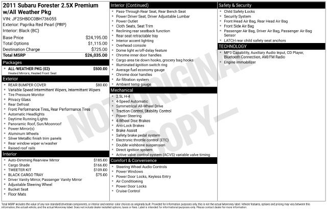 Used 2011 Subaru Forester X Premium Package with VIN JF2SHBDC0BH736055 for sale in Freeland, MI