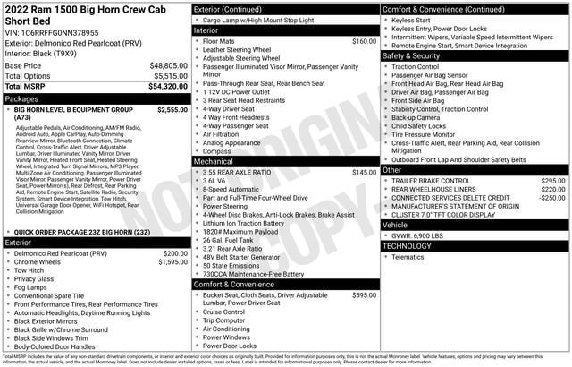 Used 2022 RAM Ram 1500 Pickup Big Horn/Lone Star with VIN 1C6RRFFG0NN378955 for sale in Freeland, MI