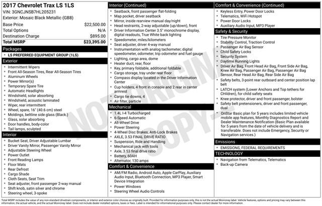 Used 2017 Chevrolet Trax LS with VIN 3GNCJNSB7HL205231 for sale in Freeland, MI