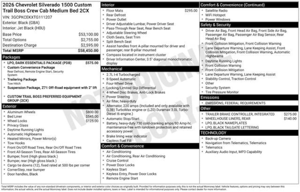 New 2026 Chevrolet Silverado 1500 Custom Trail Boss Truck