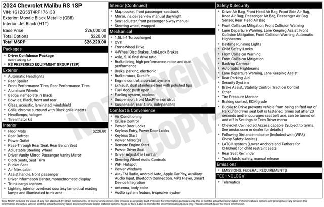 Certified 2024 Chevrolet Malibu RS with VIN 1G1ZG5ST4RF176138 for sale in Freeland, MI