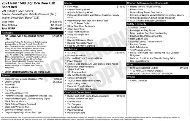 Used 2021 RAM Ram 1500 Pickup Big Horn/Lone Star with VIN 1C6SRFFT2MN722010 for sale in Freeland, MI