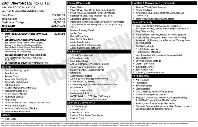 Used 2021 Chevrolet Equinox LT with VIN 3GNAXKEV6ML403139 for sale in Freeland, MI