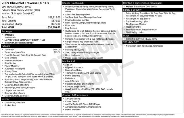 Used 2009 Chevrolet Traverse LS with VIN 1GNER13D59S141963 for sale in Freeland, MI