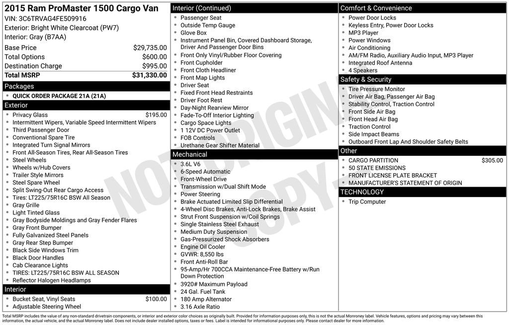 Used 2015 RAM ProMaster Cargo Van Base with VIN 3C6TRVAG4FE509916 for sale in Pinconning, MI