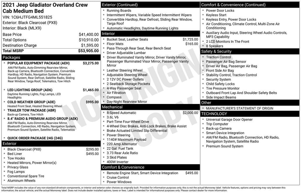 Used 2021 Jeep Gladiator Overland Truck Crew Cab