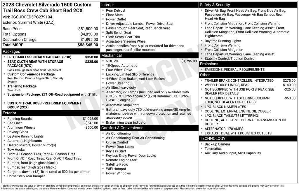 Used 2023 Chevrolet Silverado 1500 Custom Trail Boss Truck Crew Cab