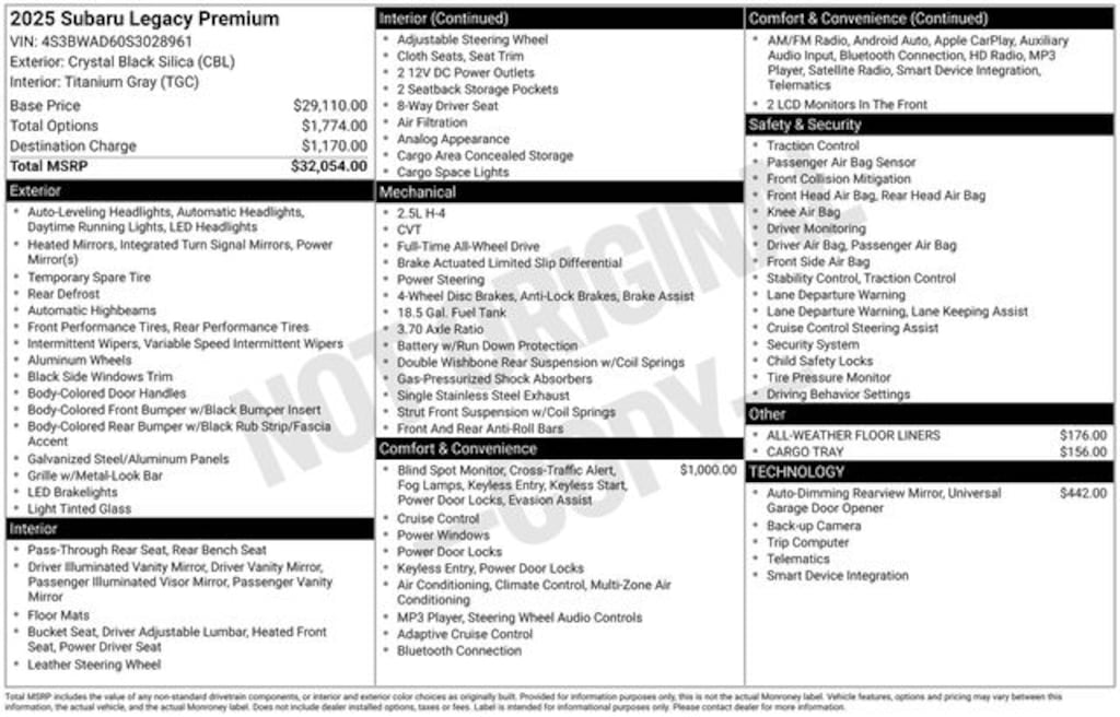 New 2025 Subaru Legacy Premium Sedan