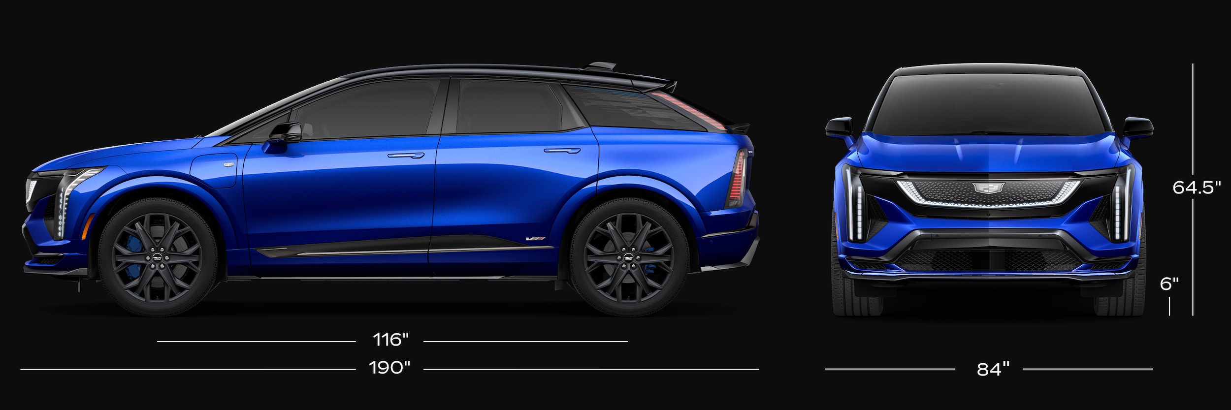 The Side Profile and Front View of a Blue 2026 Cadillac OPTIQ-V with the Vehicle's Dimensions Listed