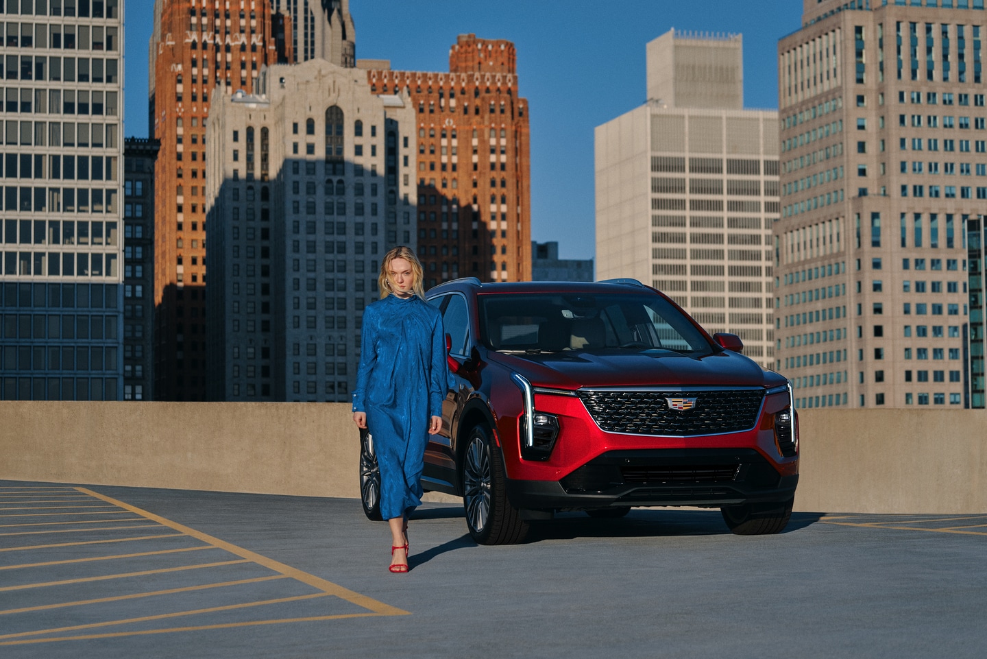 Cadillac sedan on rooftop parking lot