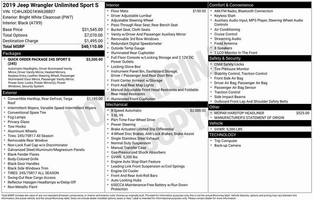 2019 Jeep Wrangler Unlimited Sport S
