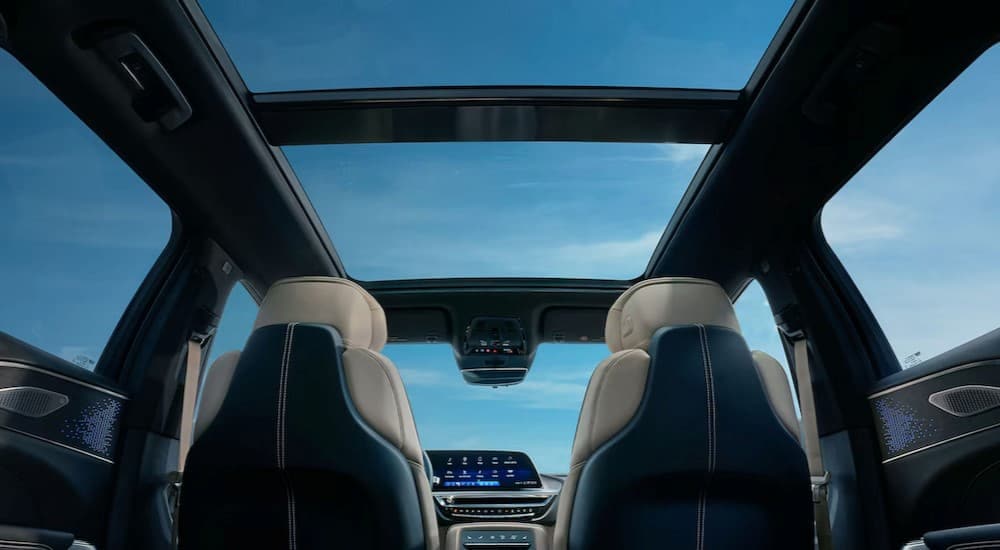 The black and white rear interior is shown in a 2024 Cadillac LYRIQ.