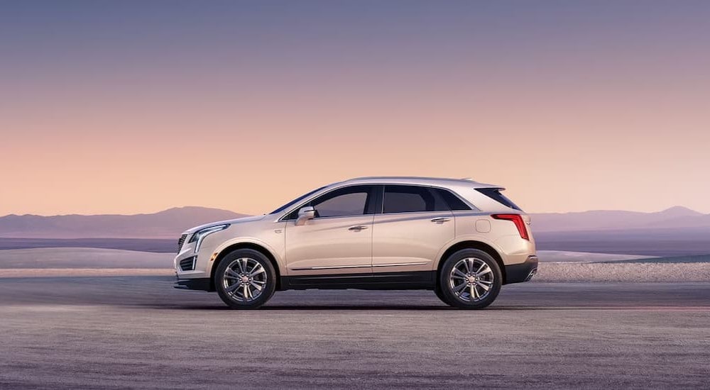 A white 2024 Cadillac XT5 is shown parked off-road.