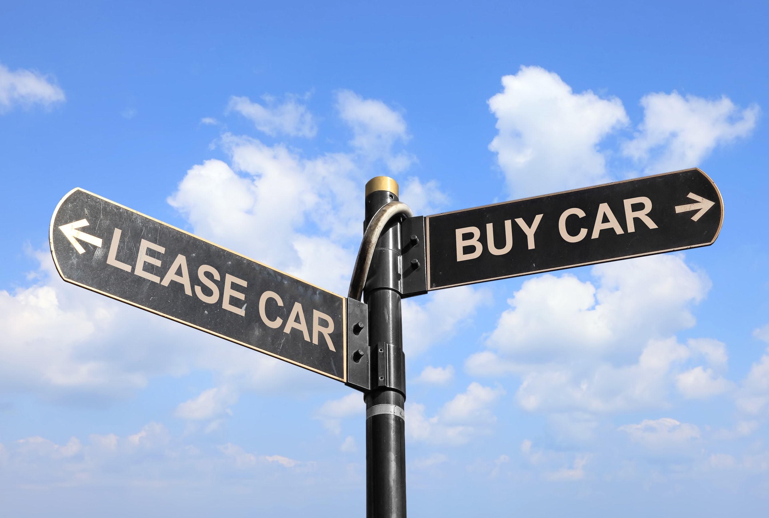 A street sign with lease pointing in one direction and a sign saying buy point in the other direction