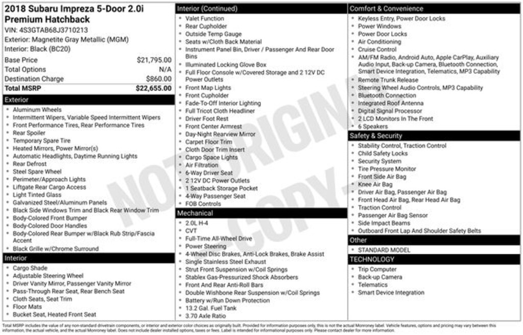 Used 2018 Subaru Impreza 2.0i Premium Hatchback