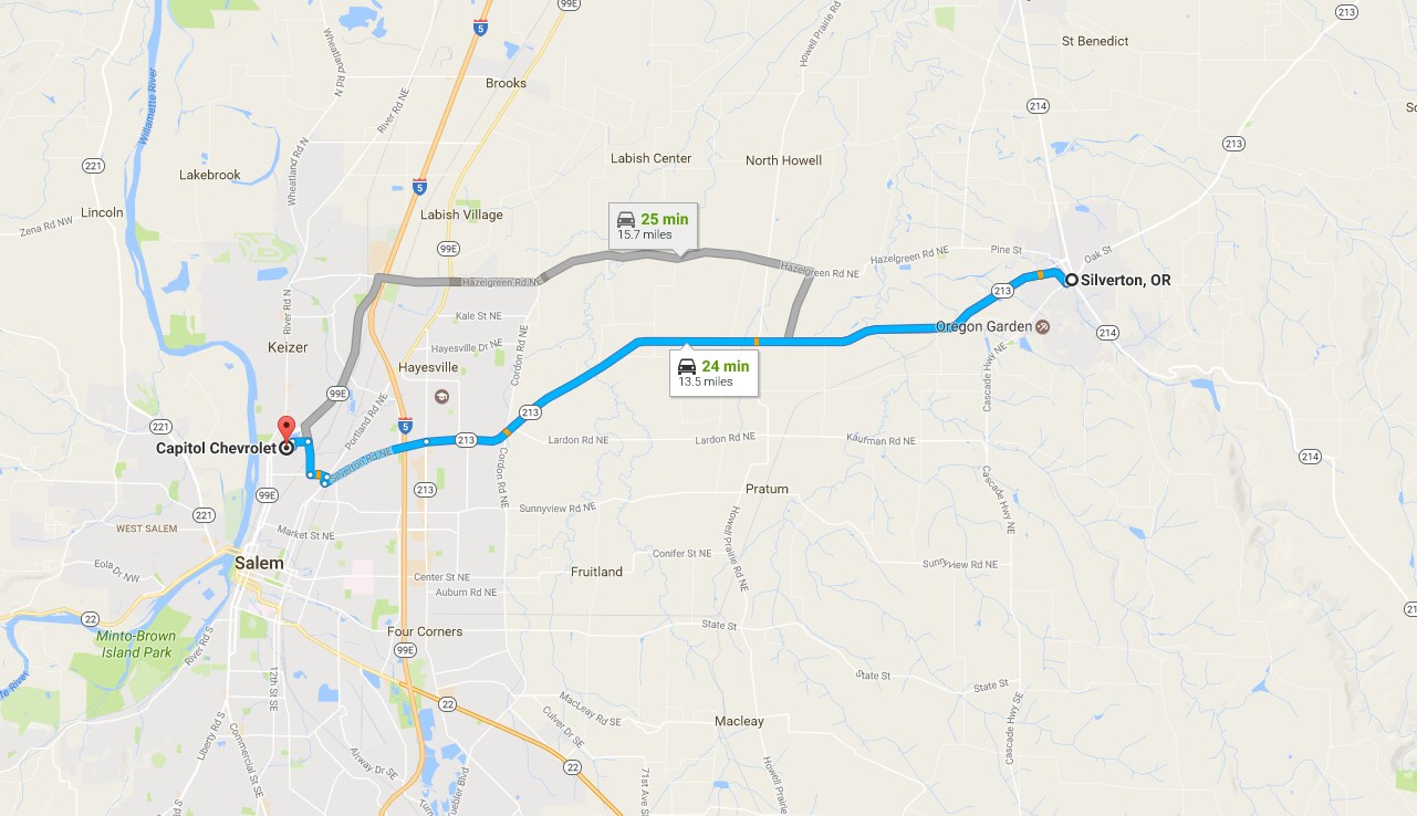 Map of the best route to take from Silverton, OR to Capitol Chevrolet in Salem, OR