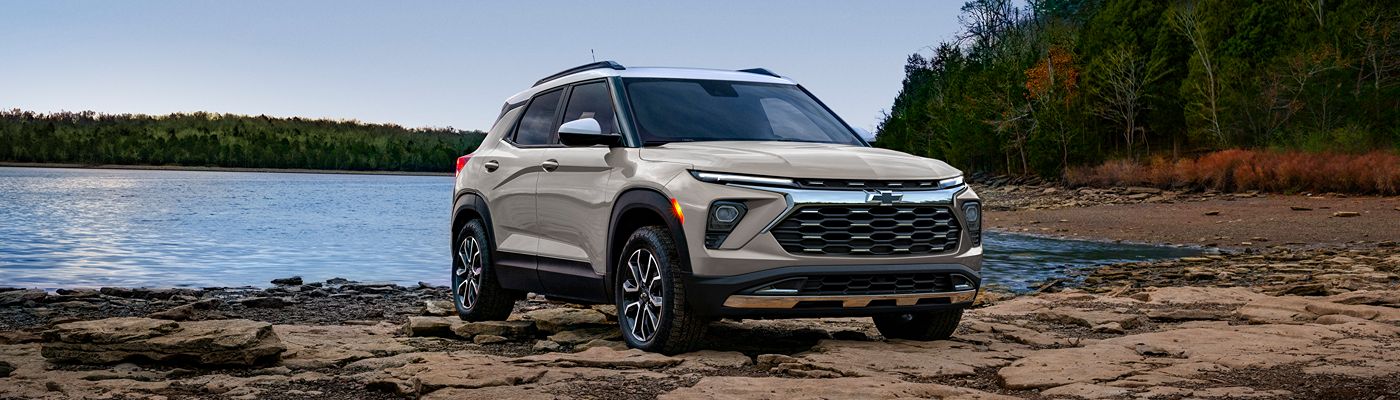 White Chevy Trailblazer parked by a
rocky beach