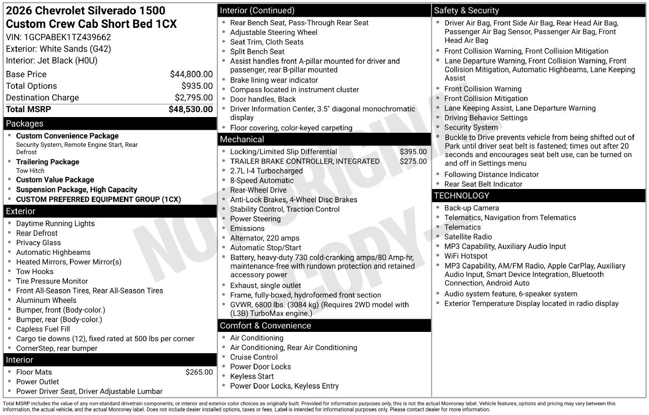 New 2026 Chevrolet Silverado 1500 Custom Truck