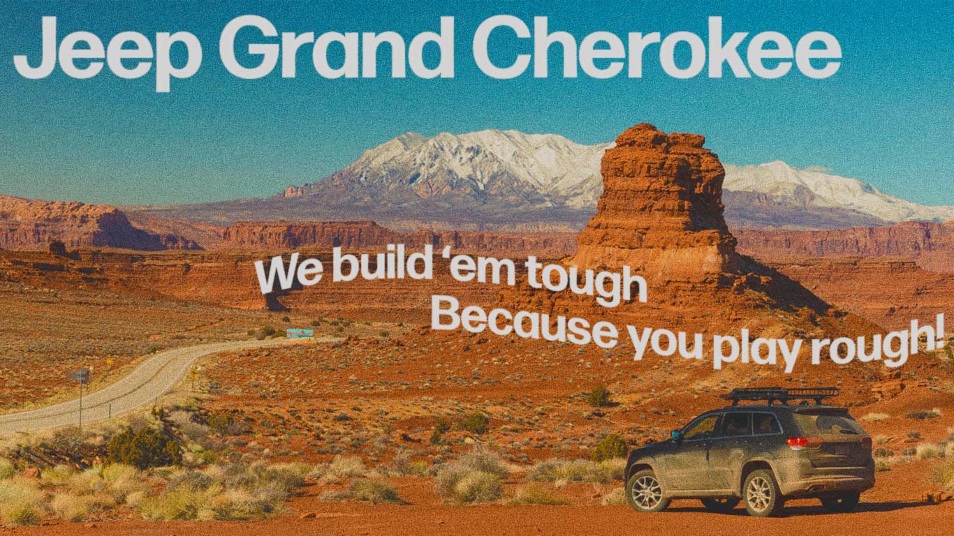 A Jeep Grand Cherokee is off road in the desert by a highway, mountains are in the distance. The words Jeep Grand Cherokee, We build 'em tough Because you play rough! are in white on the picture. The article is about 2011-2020 Grand Cherokee Problems and Issues