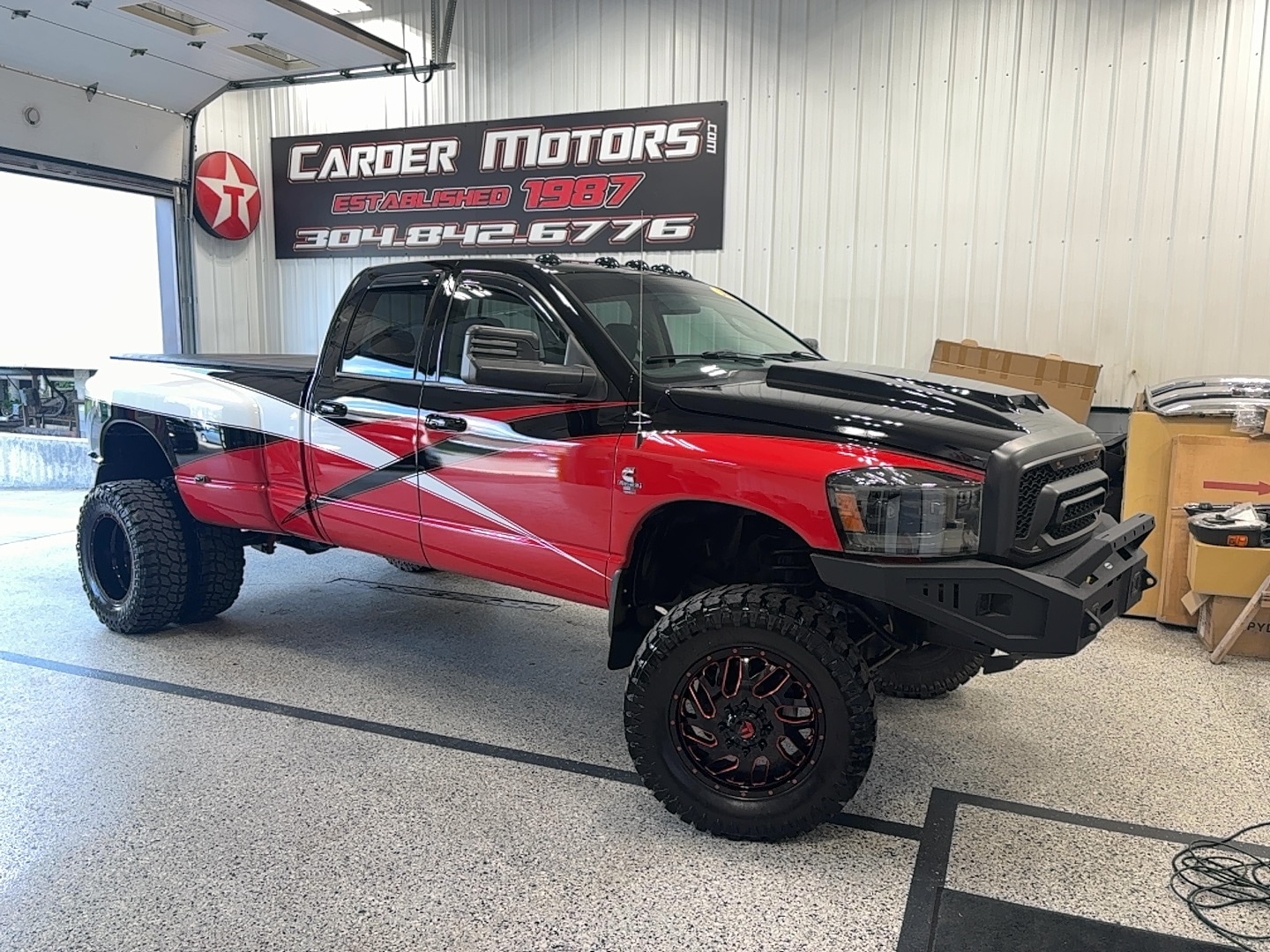 Red White 2006 Dodge RAM 3500 Laramie Quad Cab LB DRW 4WD Pickup Truck Four-Wheel Drive