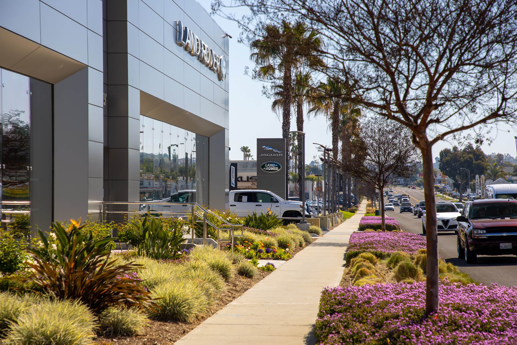 Exterior view of the Jaguar South Bay dealership in Los Angeles