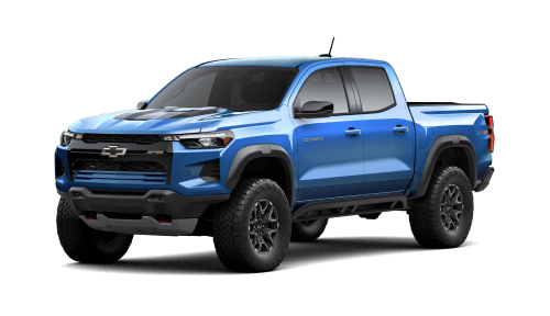 Front three-quarter view of a blue 2026 Chevy Colorado.