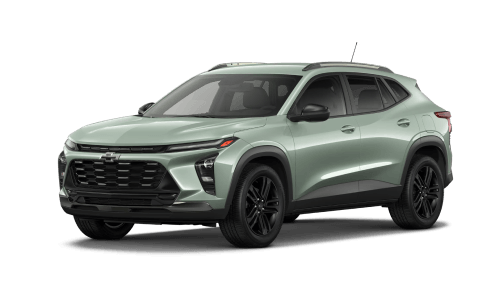 Front three-quarter view of a light green 2026 Chevy Trax.