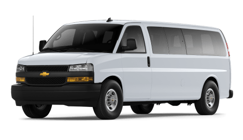 Front three-quarter view of a dark gray 2026 Chevy Express Cargo Van.