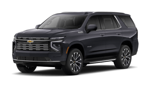 Front three-quarter view of a dark gray 2026 Chevy Tahoe.