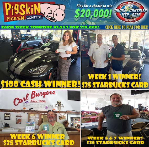 Pig Skin Pick'em Football NFL win $20,000  Carl Burger Dodge Chrysler Jeep  Ram World