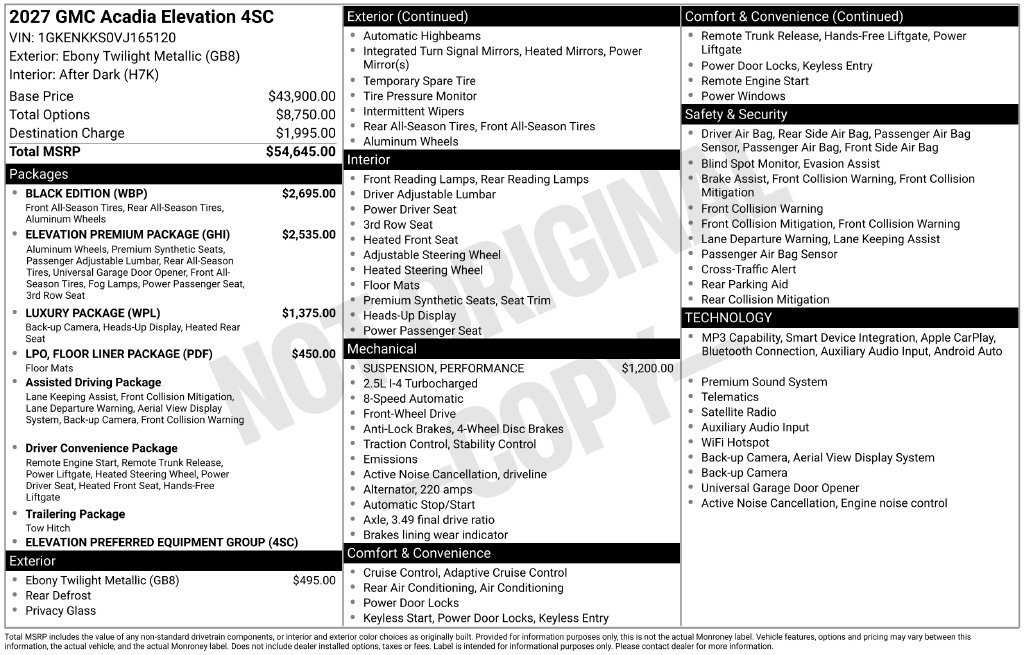 New 2027 GMC Acadia Elevation SUV