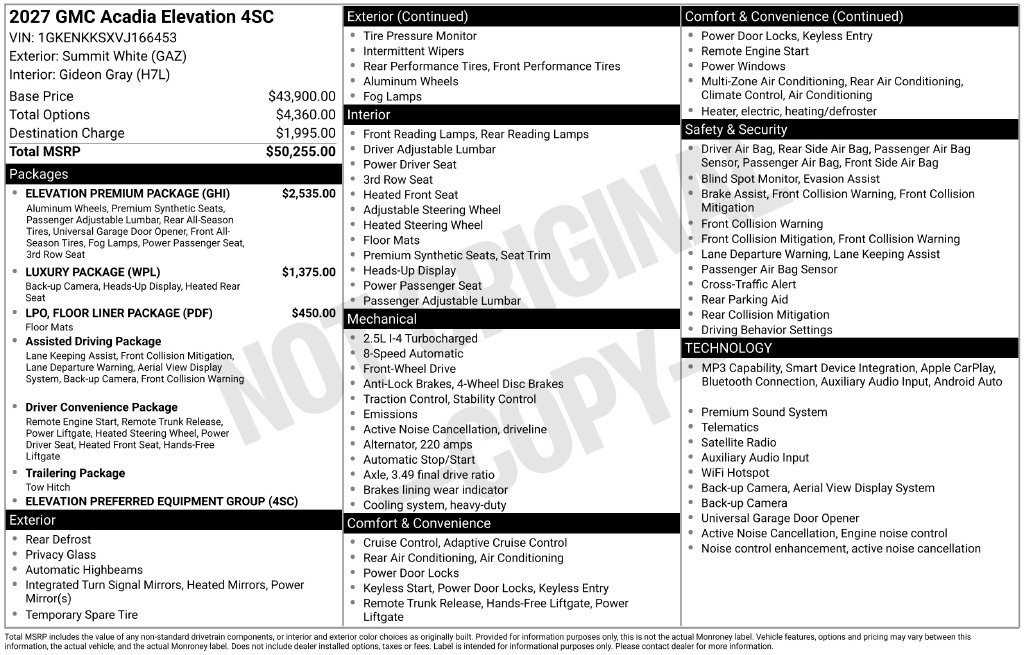 New 2027 GMC Acadia Elevation SUV