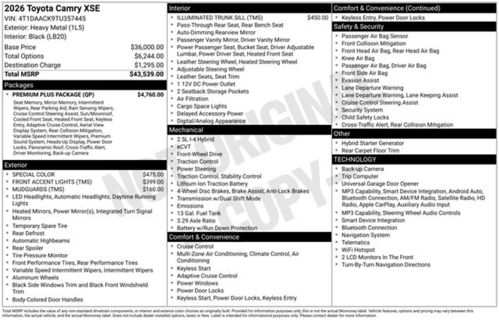 New 2026 Toyota Camry XSE Sedan