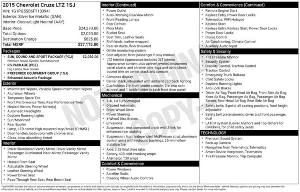 Used 2015 Chevrolet Cruze LTZ Sedan