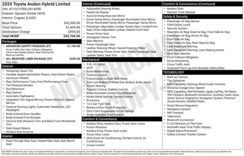 Used 2020 Toyota Avalon Hybrid Limited Sedan