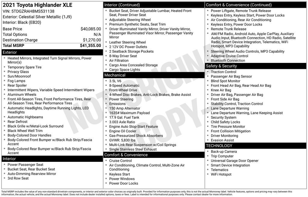 2021 Toyota Highlander XLE 4x2 V6's photo
