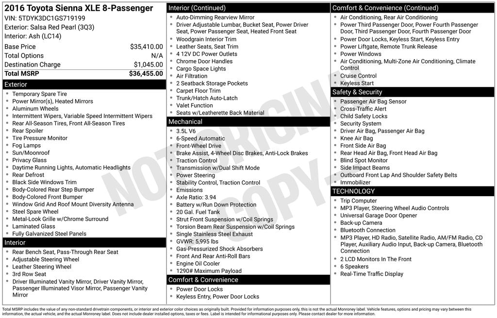 Used 2016 Toyota Sienna XLE 8 Passenger Van