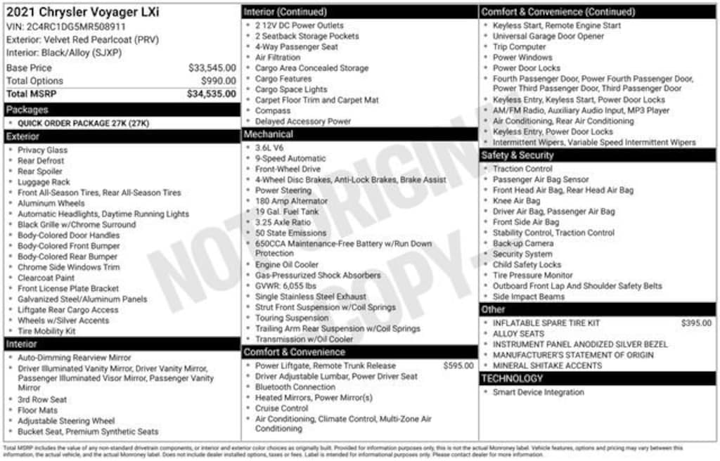 Used 2021 Chrysler Voyager LXI Van Passenger Van