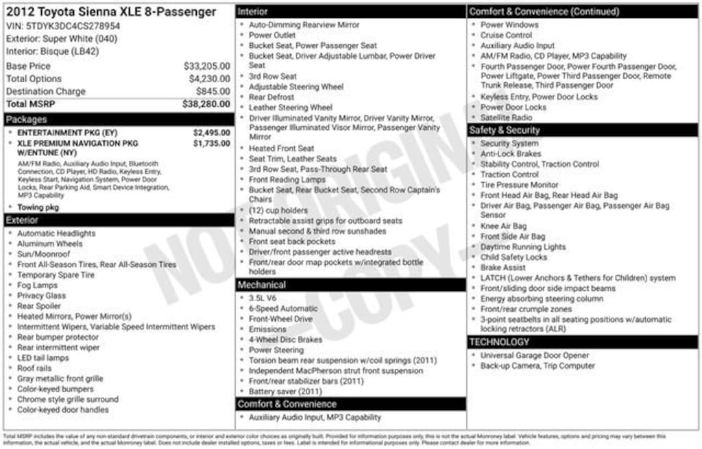 Used 2012 Toyota Sienna XLE V6 8 Passenger Van