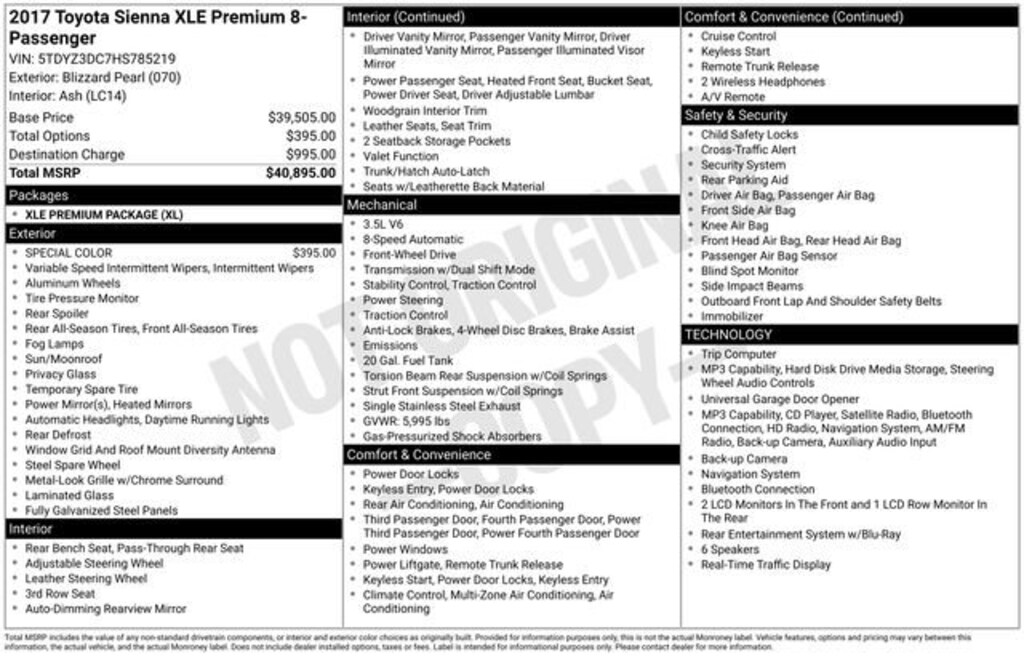 Used 2017 Toyota Sienna XLE 7 Passenger Auto Access Seat Van